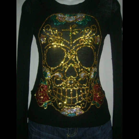 Joystick By Johnny Was Black Silk Skull Roses Cross Sequin Sweater JWLA Biya XS - Picture 5 of 11